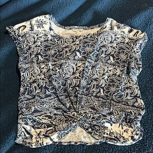 Lucky Brand Blue and White Cap Sleeve Tie Front Blouse